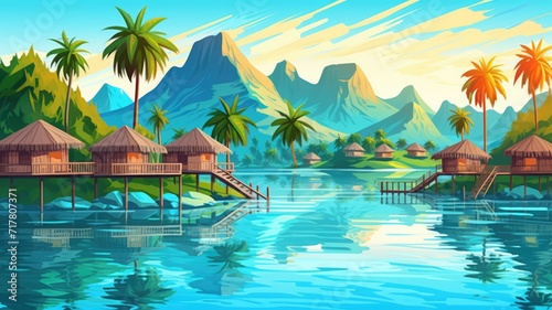 cartoon illustration Overwater bungalows and crystal clear turquoise waters.