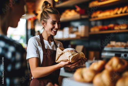 A candid shot of a smiling female baker, who's also the shop owner, offering exemplary customer service as she hands a customer their order in her retail store, Generative AI