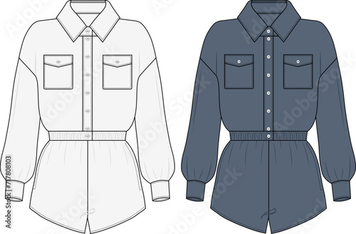 Women's jeans denim Short Jumpsuit technical fashion Illustration. Bodysuit fashion technical drawing template, button-down collar, slim fit, pockets, CAD mockup.