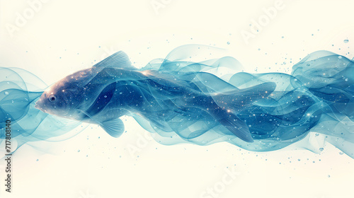 Ethereal Fish Art: A Majestic Fish Surrounded by Swirling Blue Waves and Sparkling Stars, Perfect for Ocean and Wildlife Enthusiasts