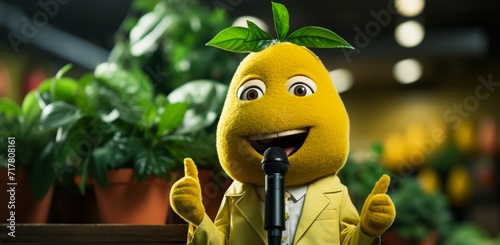 Funny pear or lemon character hosts a fruit talk show, interacting with the audience through the microphone. © Margaryta