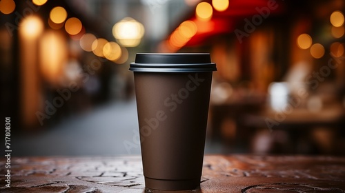 Brown blank Paper coffee cup mockup package standing on the table in a cafe.