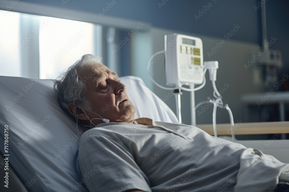 A senior man under illness in hospital bed A senior man under illness in hospital bed