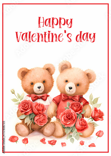 Cute bears with  flower, Valentine's day card, Happy Valentines day, watercolor digital illustration © Svetlanakras
