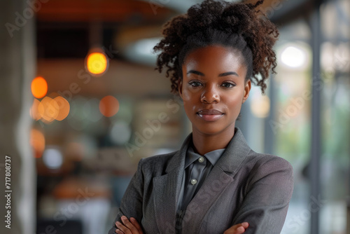 Assertive Young African American Businesswoman with Arms Crossed in a Office Setting