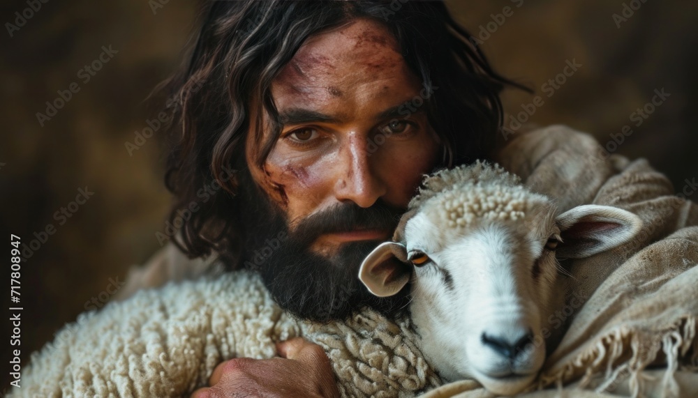 jesus holds a sheep in his arms