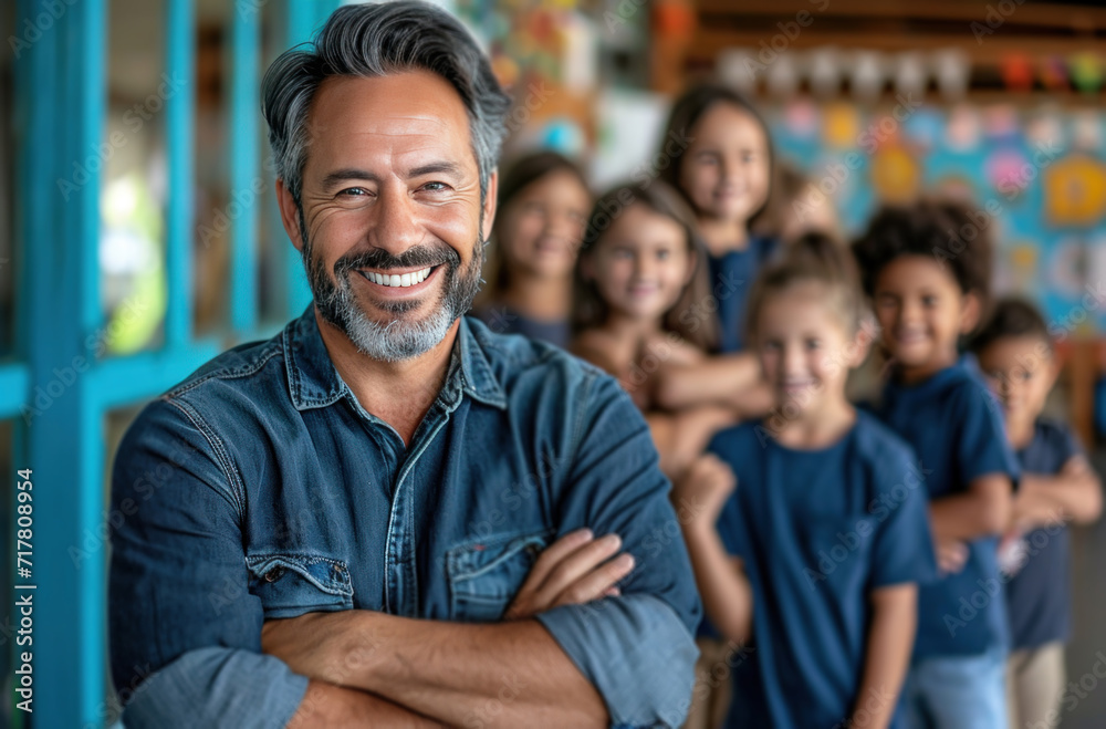 Obraz premium person with arms crossed on the school background smile with children at school