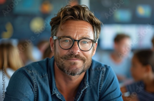 teacher in a classroom wearing glasses