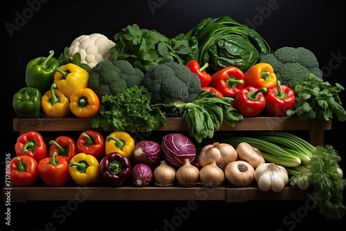 Sets of fresh vegetables on shelves in a supermarket  vegetables on shelves in a pantry.