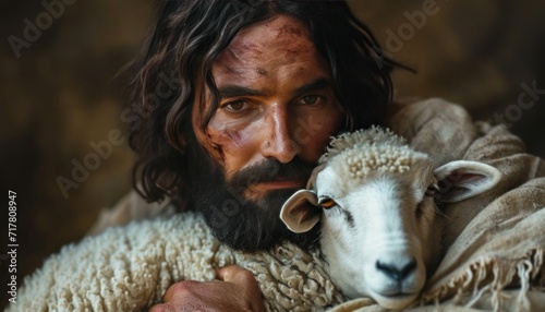jesus holds a sheep in his arms