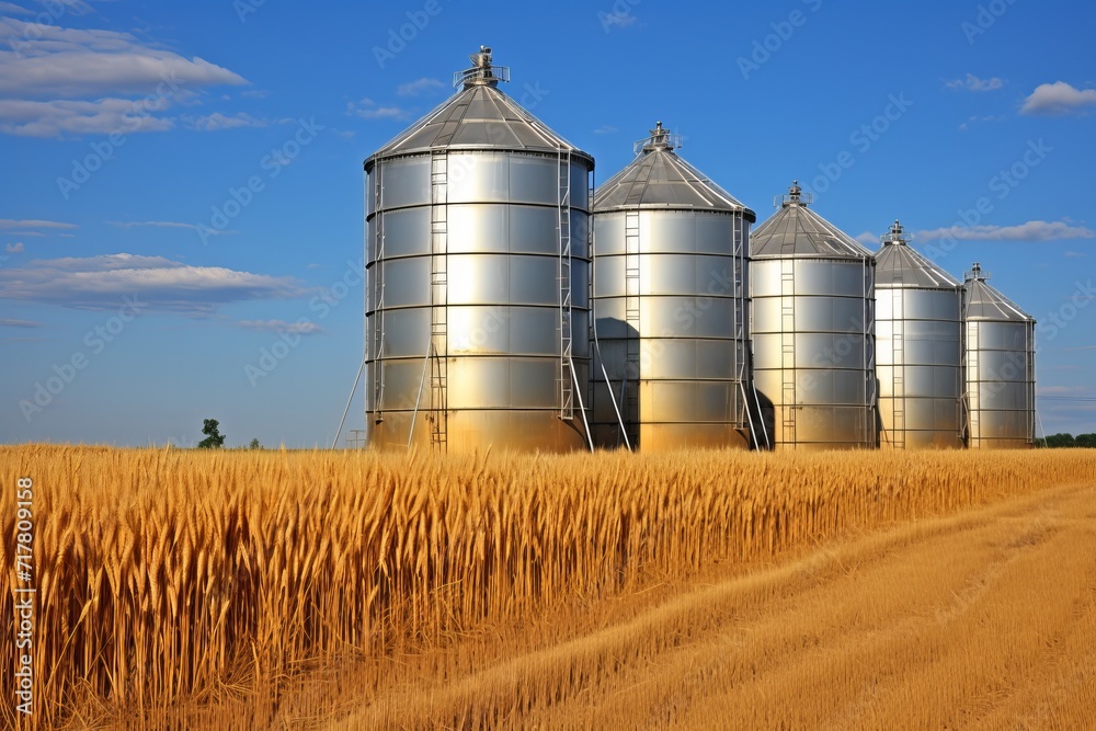 Rural scene. silos in a wheat field, storage of agricultural production and farming industry Rural scene. silos in a wheat field, storage of agricultural production and farming industry