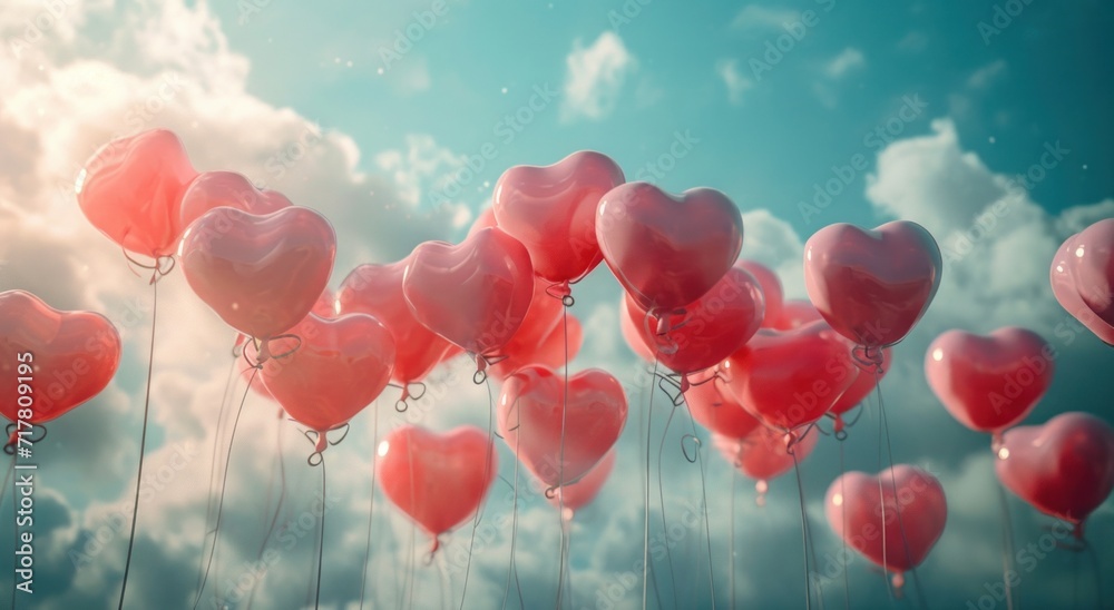 many red and pink heart balloons are floating in the cloud