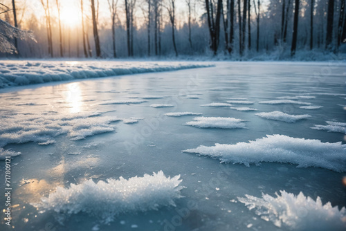 A close-up view of a frozen surface with trees in the background
