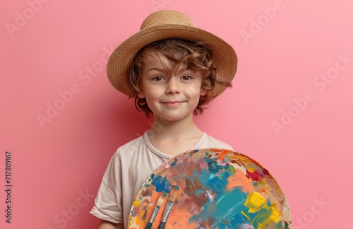 little hatwearing boy holding a palette while holding his painting tools