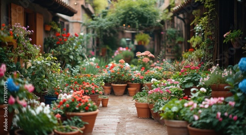 garden yard with potted vegetables and flowers,