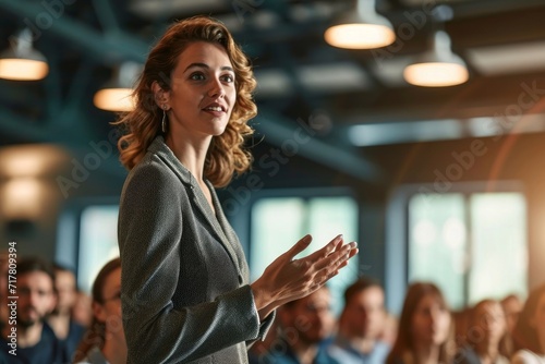 Confident businesswoman delivering a corporate presentation at a seminar or conference. The image showcases her expertise and leadership skills in a professional setting, Generative AI