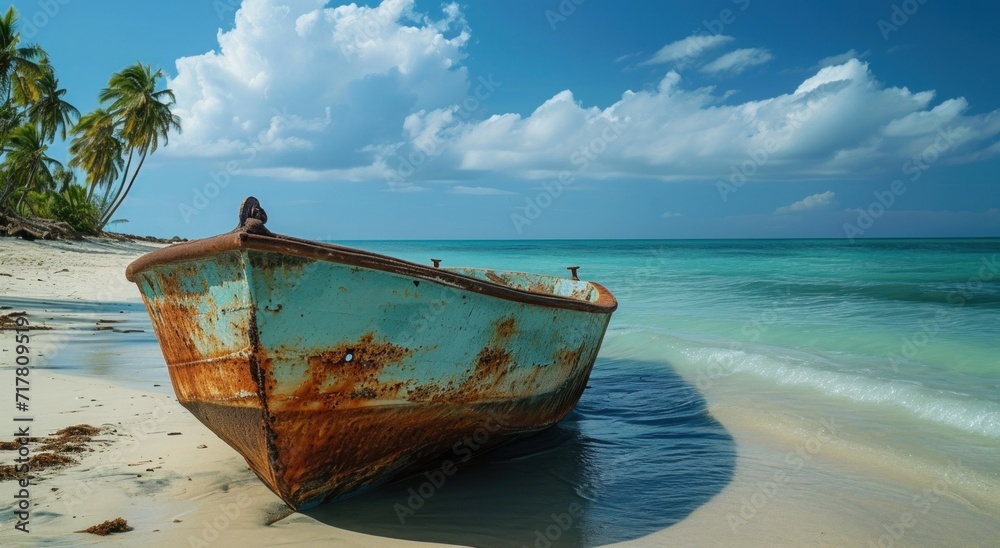 rusty boat on the beach of a tropical island