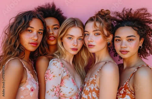 group of women posing on pink background, sensitive