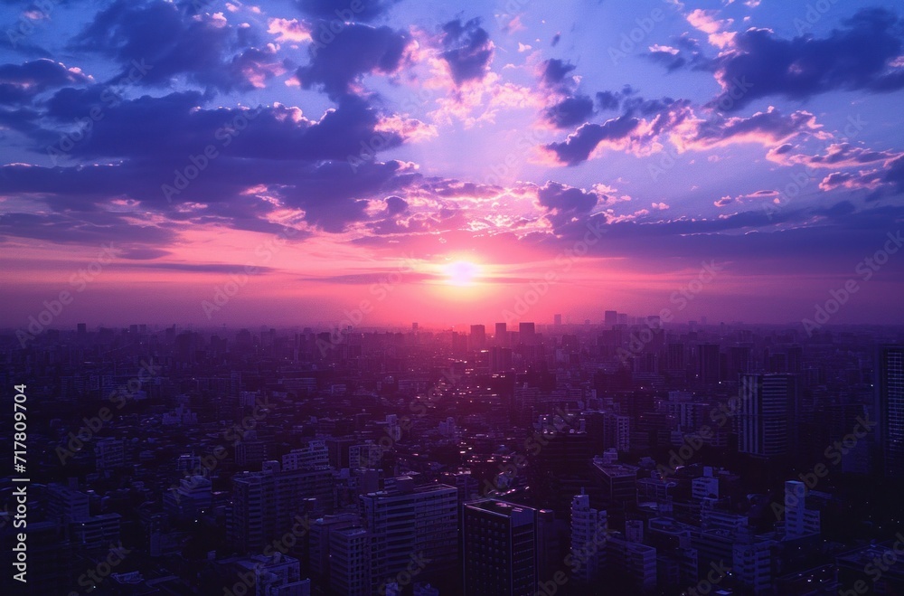 sunset over the city on sunny day