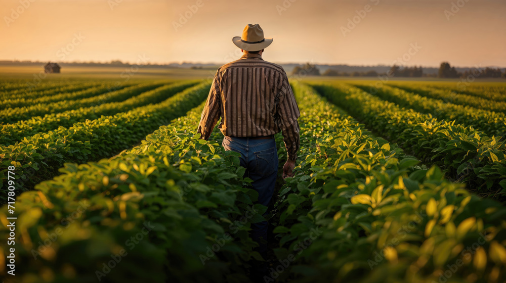 Fototapeta premium A farmer stands in a lush green soybean field, looking towards the horizon as the sun sets, symbolizing growth and agricultural sustainability.