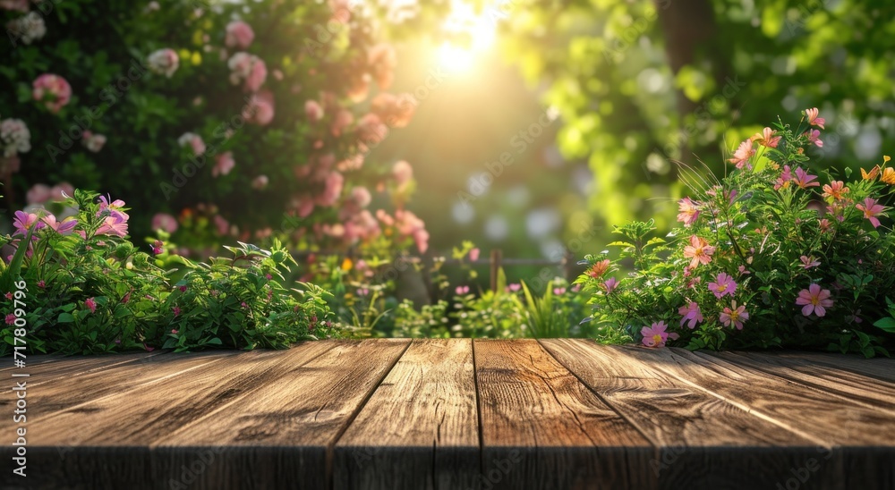 garden on wooden plank with flowers and flowers on the side of the fence