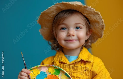 little hatwearing boy holding a palette while holding his painting tools