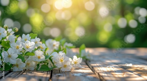 flower blossoms on a wooden table in the sunshine © olegganko