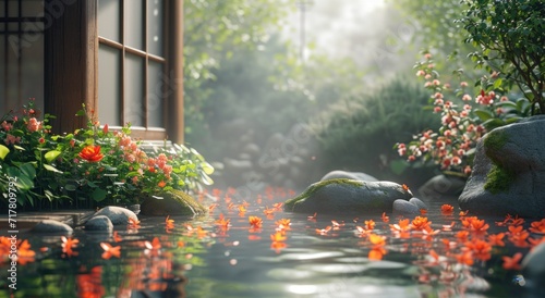 pond with flowers and rocks on it