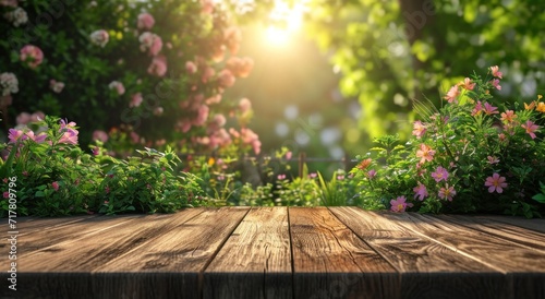 garden on wooden plank with flowers and flowers on the side of the fence