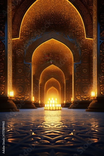 Islamic golden background arabic in the room, luminous luxury buliding, background for islamic event.