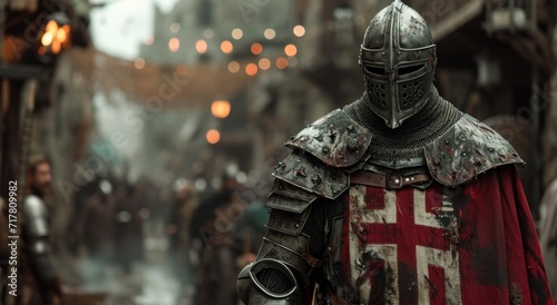medieval knight in armor wearing cross in urban background