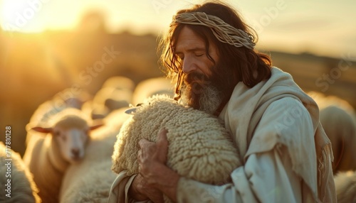 jesus is the highest in the sky with sheep in his arms,