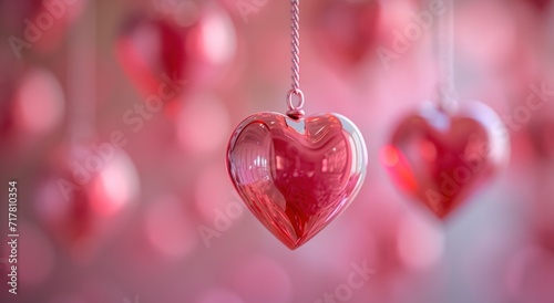 several hearts are hanging from a pink background