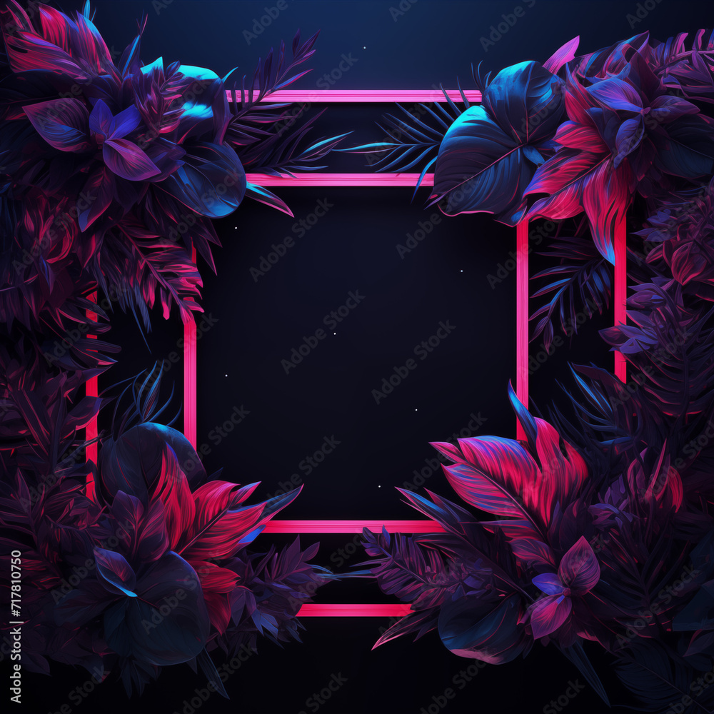 Obraz premium Neon Botanical Frame on Dark Background