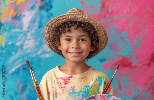 little hatwearing boy holding a palette while holding his painting tools