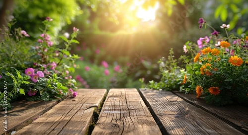 garden on wooden plank with flowers and flowers on the side of the fence