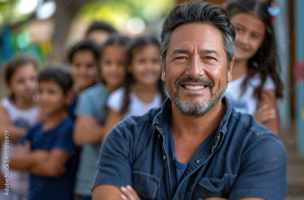 person with arms crossed on the school background smile with children at school