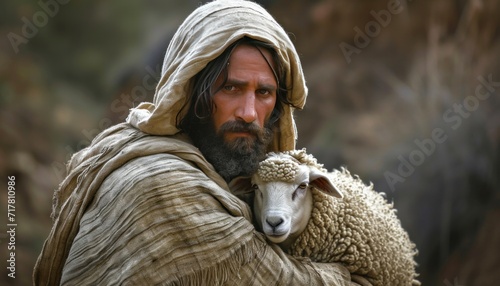 jesus holds a sheep from his back