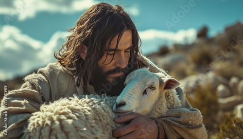 jesus holds his sheep in front of clouds