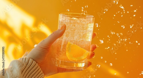 person holds up glass of sparkling water against yellow background