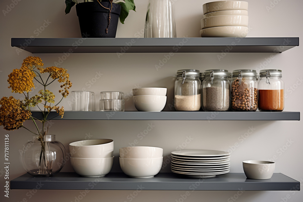 Organization of storage of kitchen utensils and cereals. Modern bright minimalist kitchen with wooden shelves in Scandinavian style.