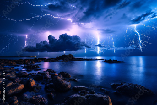 Lightning strikes the rocks on the seashore at night.