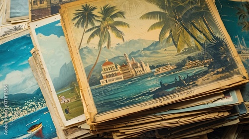 A stack of vintage travel posters, their faded artwork depicting exotic locales, igniting wanderlust and dreams of faraway lands, © Wasp's Art