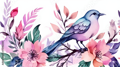 Bird on a branch with flowers watercolor illustration © MORKVA