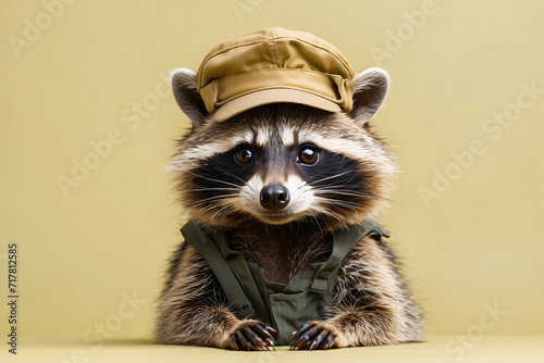 raccoon wearing a hat on a yellow background