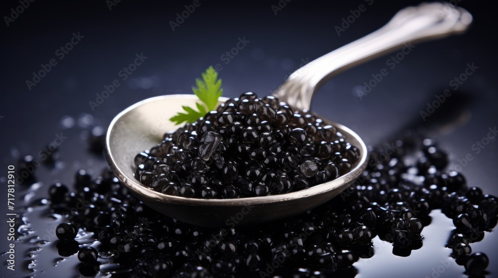 Black fish caviar served in the caviar spoon on ice on a black background. Neural network AI generated art Black fish caviar served in the caviar spoon on ice on a black background. Neural network AI generated art