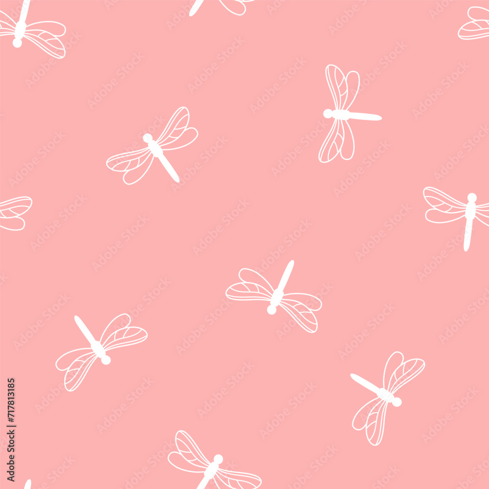 Pink seamless pattern with white dragonfly Pink seamless pattern with white dragonfly