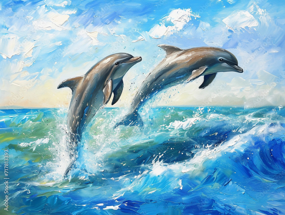 Fototapeta premium 夏の海とジャンプする2頭のイルカの油絵 Generative AI