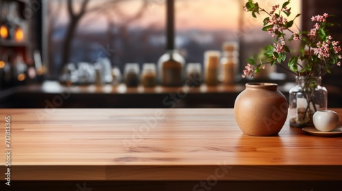 wooden desk on blurred kitchen window for product presentation