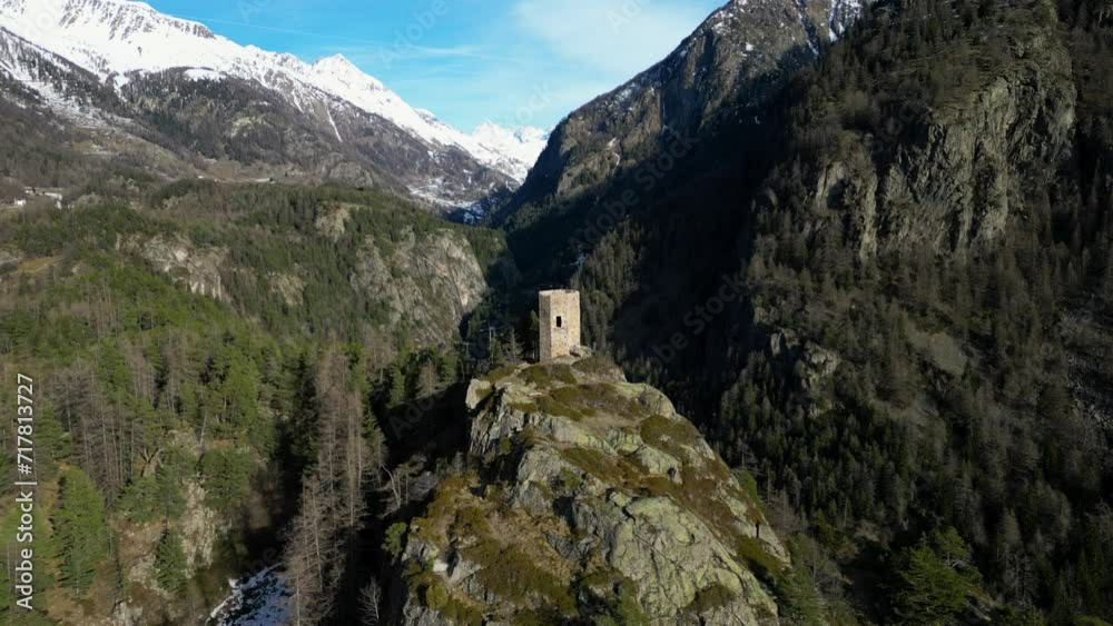 Aerial view with drone of the Tornalla tower Aosta Valley Italy Aerial view with drone of the Tornalla tower Aosta Valley Italy
